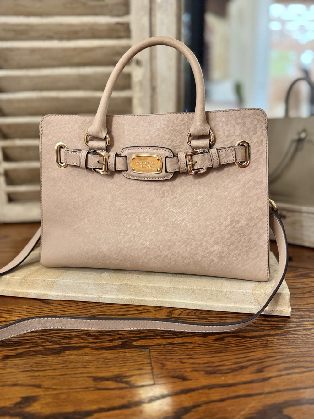 Michael Kors Hamilton East West Satchel Khaki Saffiano Leather Gold Hardware